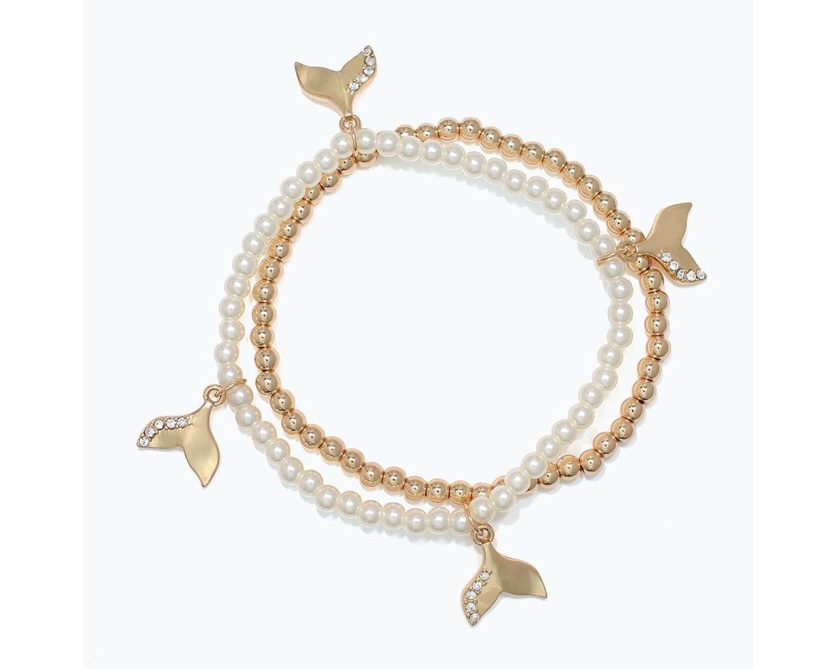 Gold Whale Tails with Crystals on Pearls Bracelet by Periwinkle