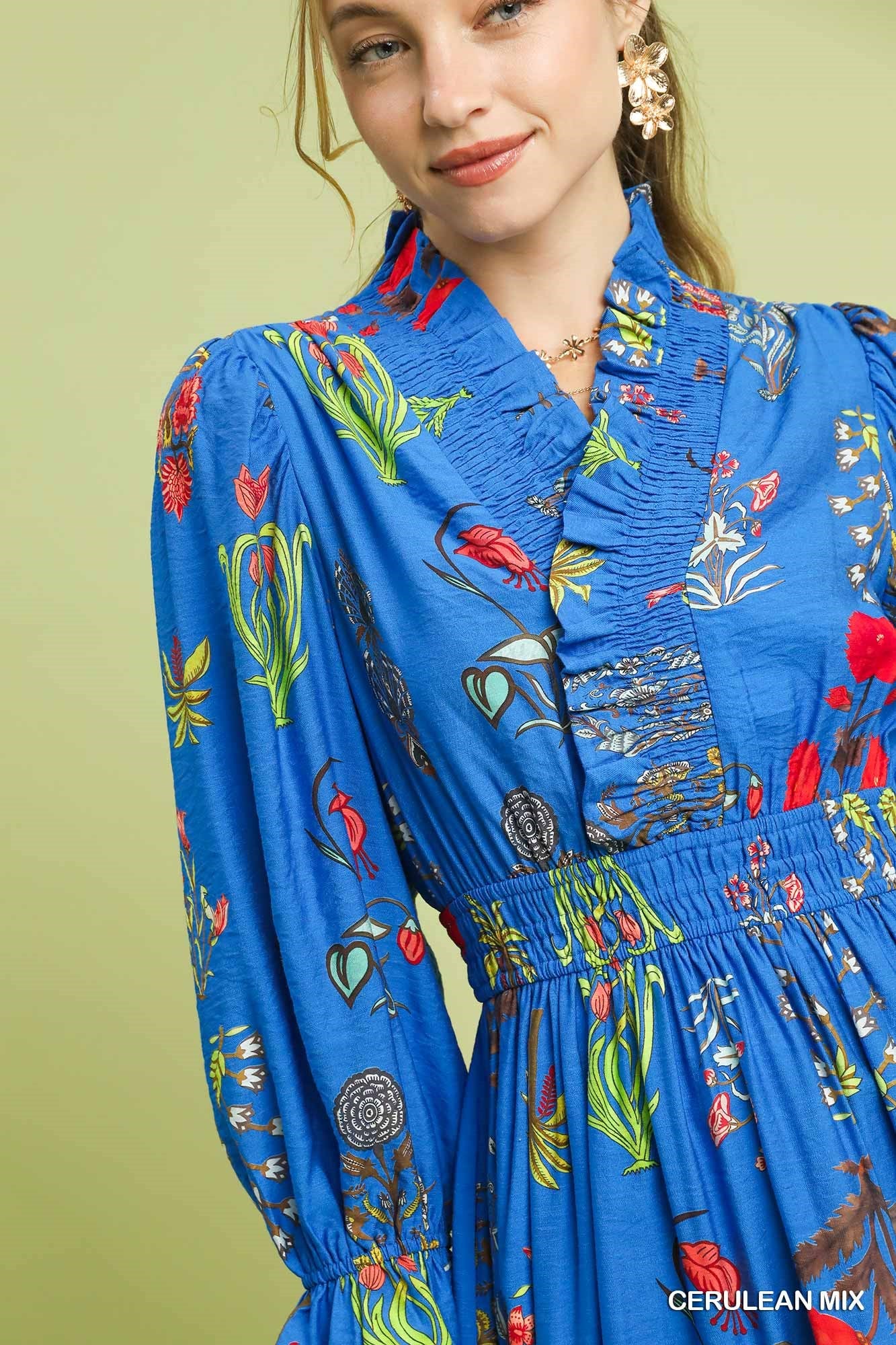 Mix Smocked Waist Floral Midi Dress