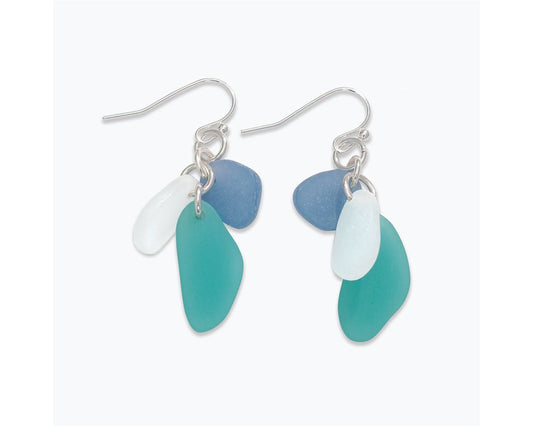 Blue, Aqua, White Sea Glass Cluster Earrings by Periwinkle