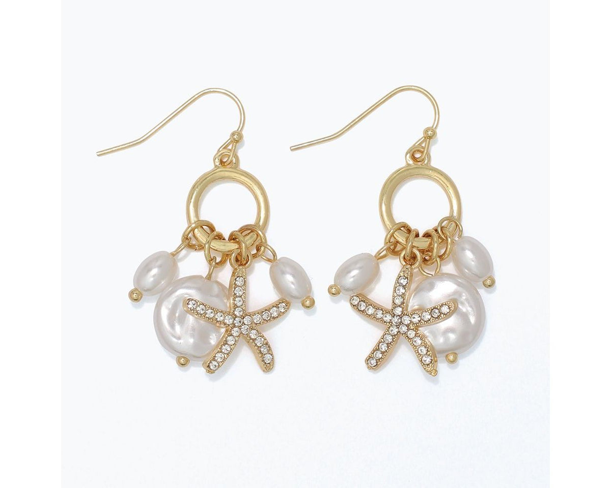 Pave Starfish Earrings w/Pearl Charms by Periwinkle
