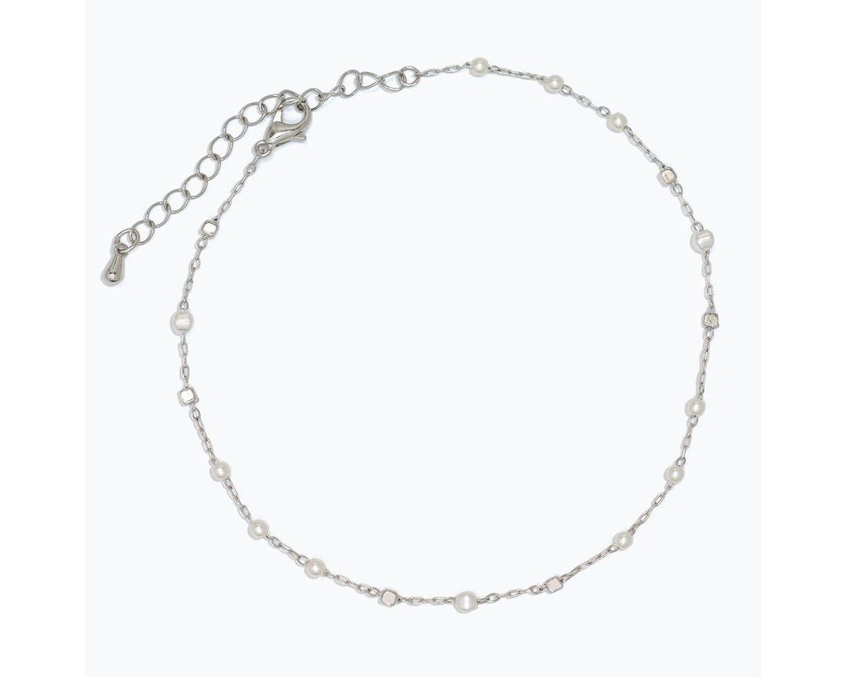 Stationed Pearl & Silver Cubes Anklet by Periwinkle