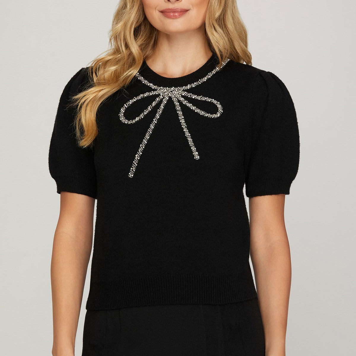 All Tied Up- Rhinestone Bow Sweater by She Sky