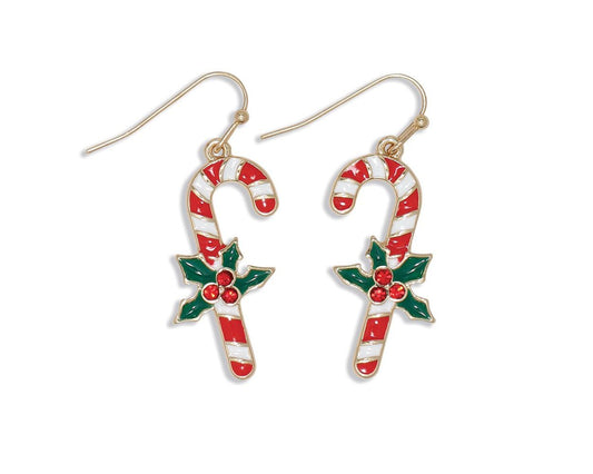 Candy Cane Earrings w/Crystal Holly by Periwinkle