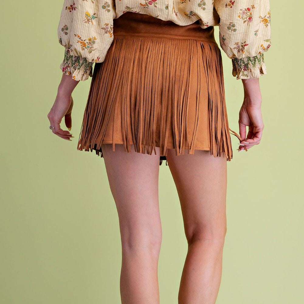 FAUX SUEDE FRINGE MINI SKIRT by Easel