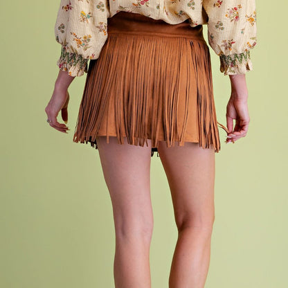 FAUX SUEDE FRINGE MINI SKIRT by Easel
