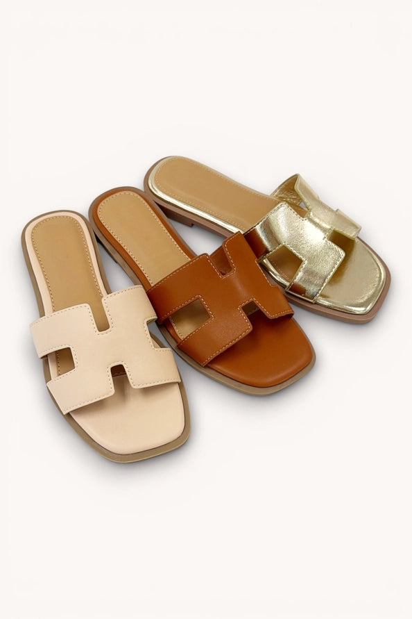 H-Strap Chic Square Toe Shape Slide On Flat-Raffia
